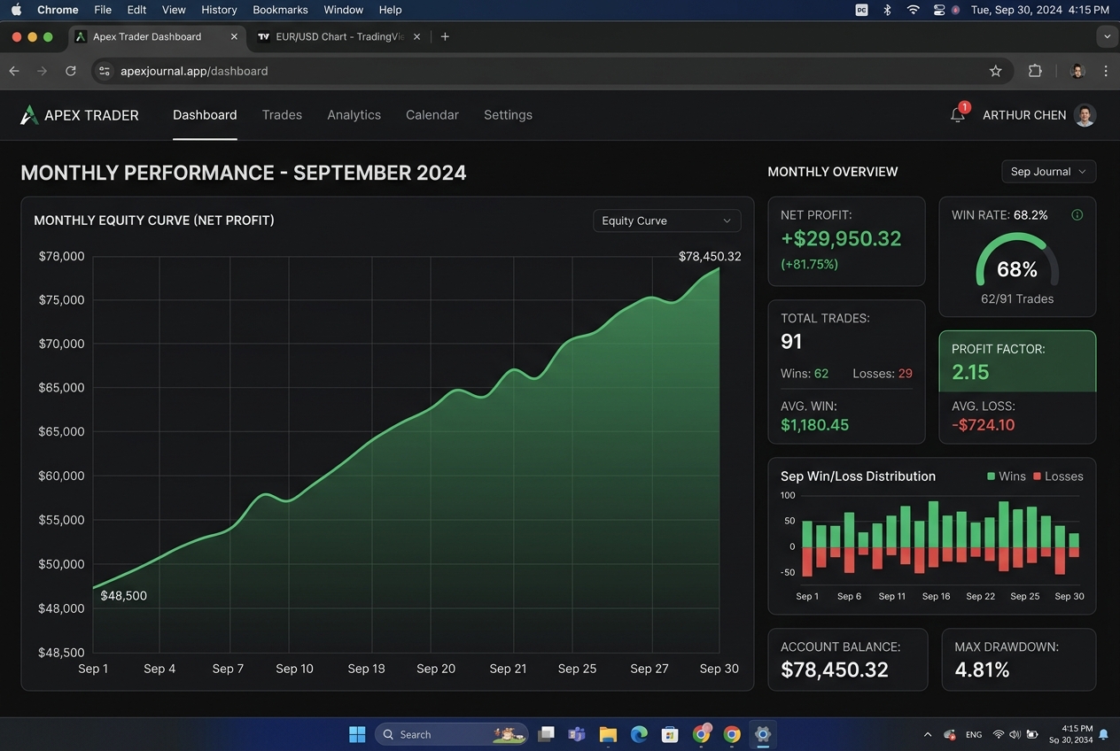 68% win rate — monthly equity curve