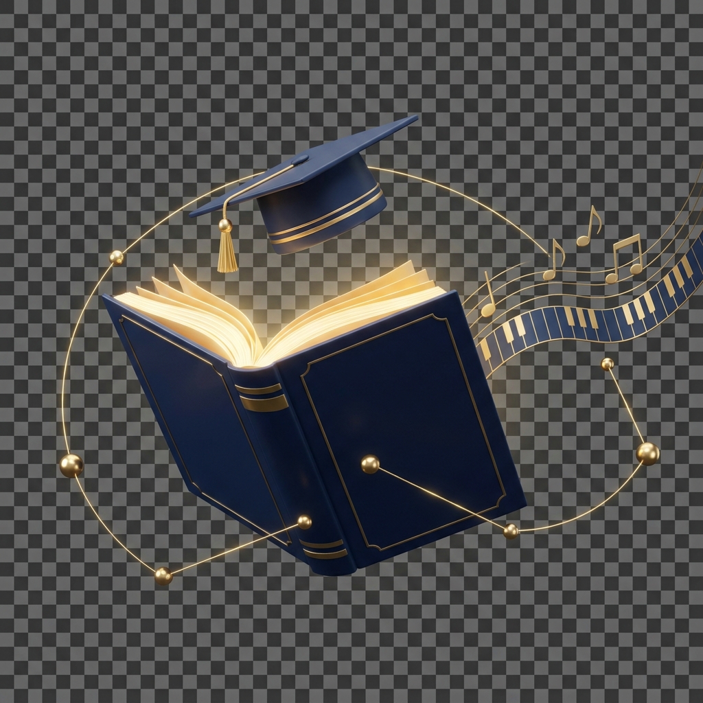 The RCS learning ecosystem — an open glowing book, graduation cap and flowing music notation connected by golden constellation lines