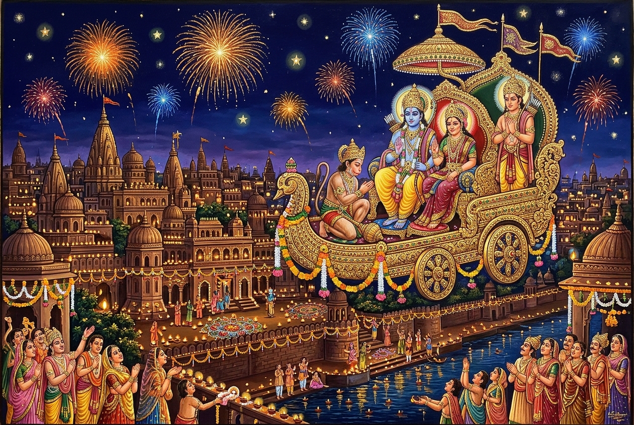 Shri Ram, Sita, Lakshman and Hanuman returning to Ayodhya on Diwali