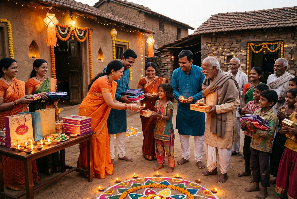 Volunteers sharing sweets, clothes and diyas with poor families on Diwali
