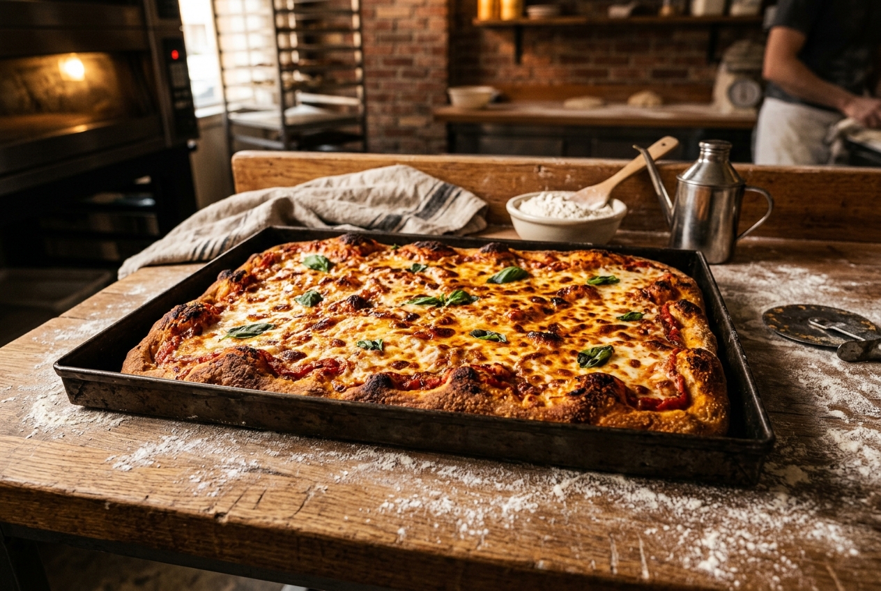 Pizza in teglia appena sfornata