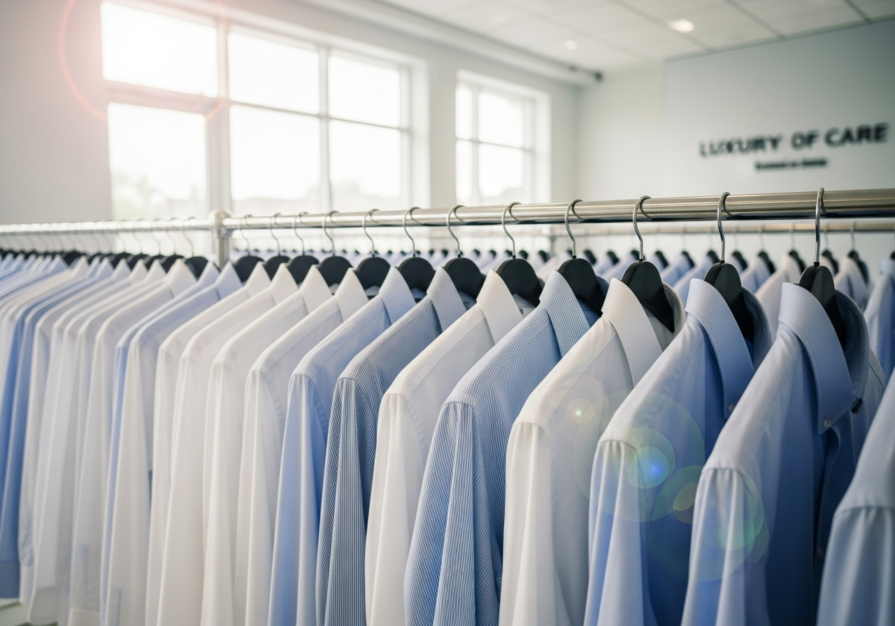 Pristine clean shirts on a dry cleaning rack