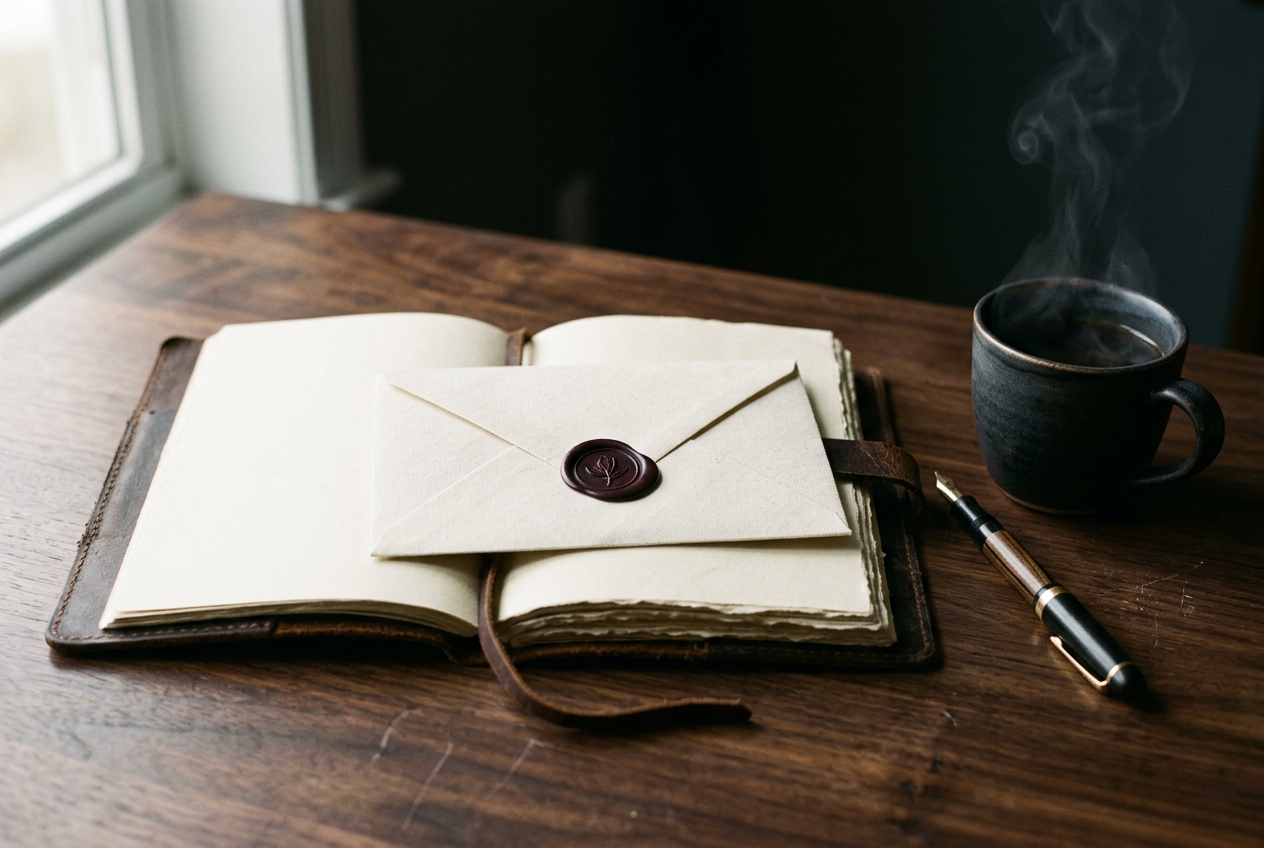 A sealed envelope on an open notebook beside a cup of coffee