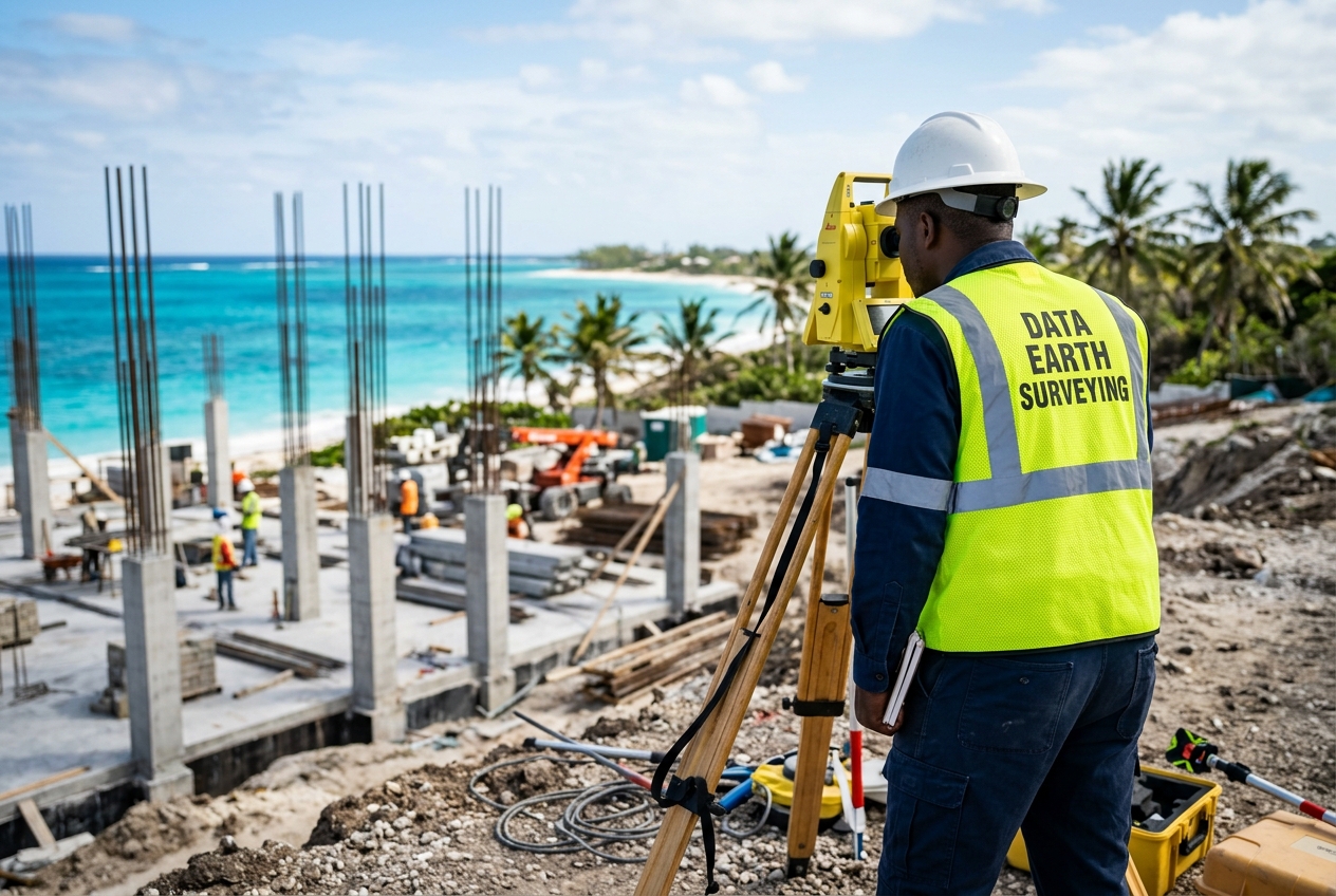 Data Earth surveyor with total station at a Bahamas construction site
