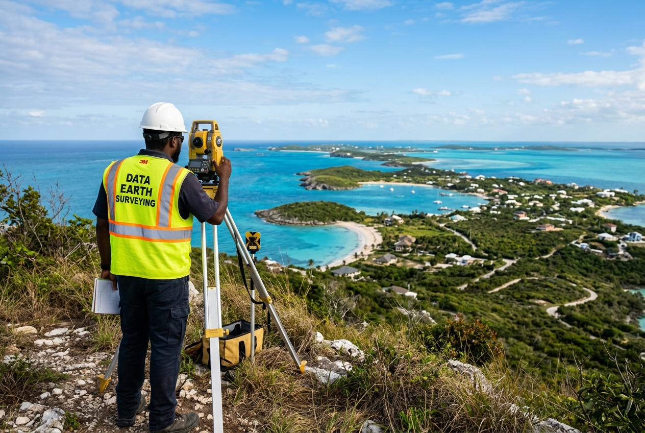 Data Earth surveyor with total station on a Bahamian coastline