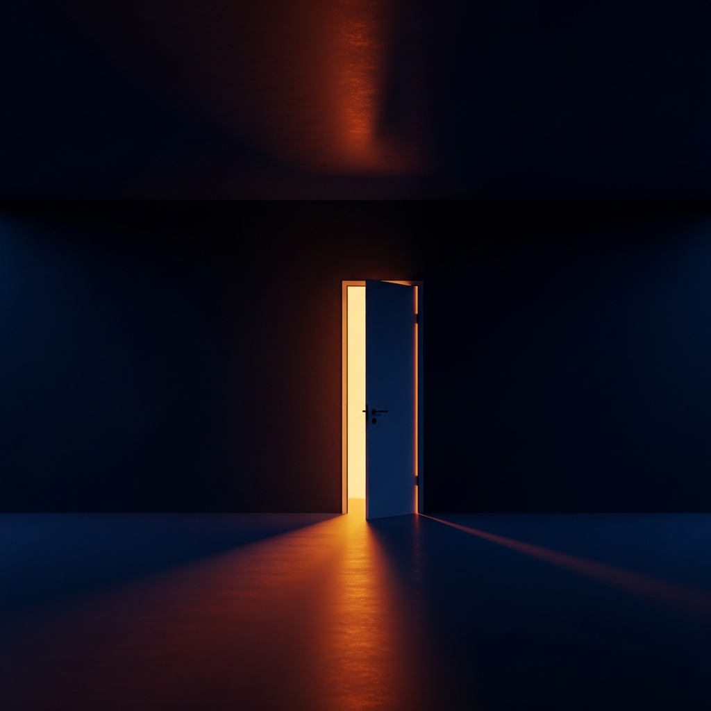 A surreal door opening with warm amber light
