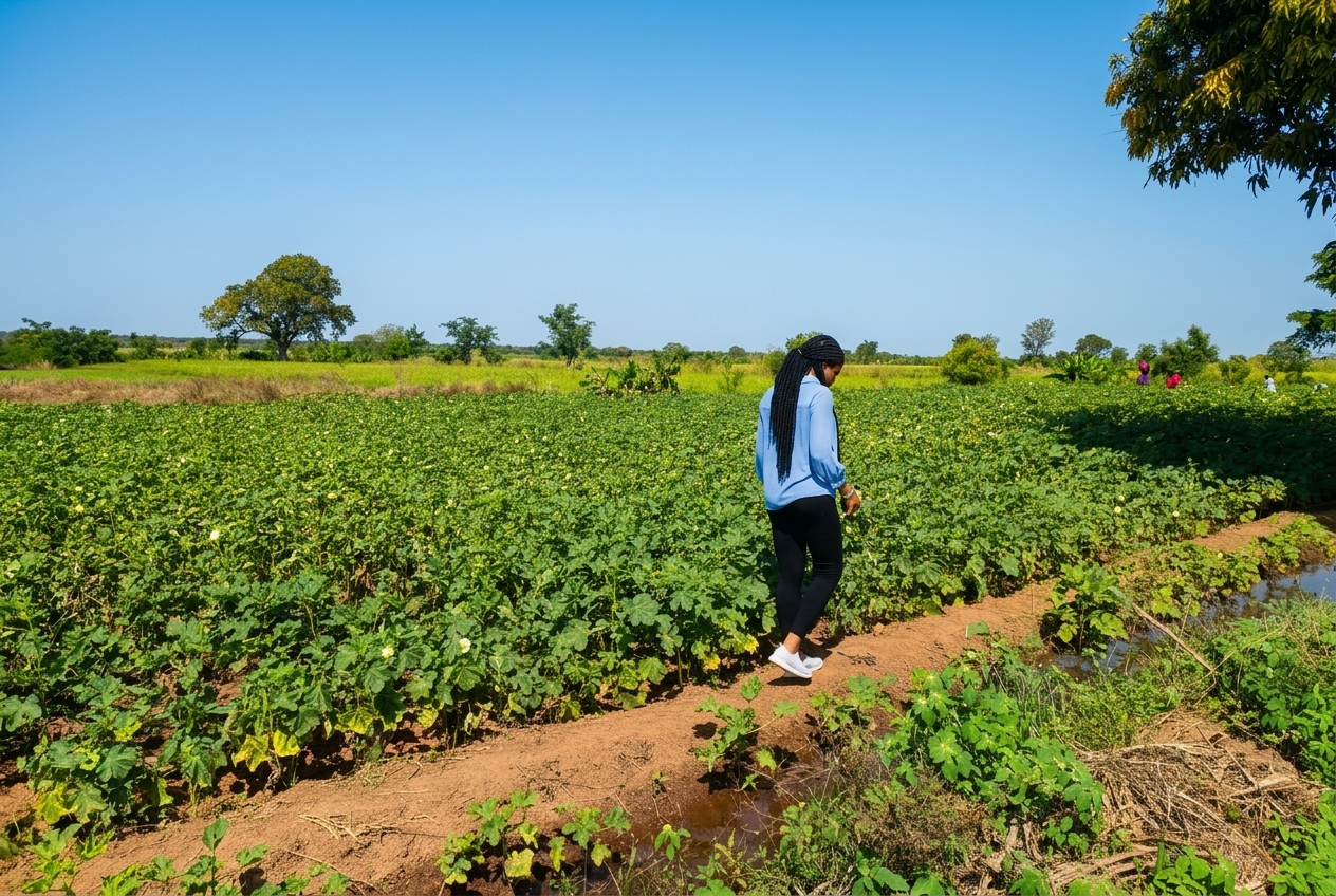 Field officer inspecting a lush organic okra farm in Ghana