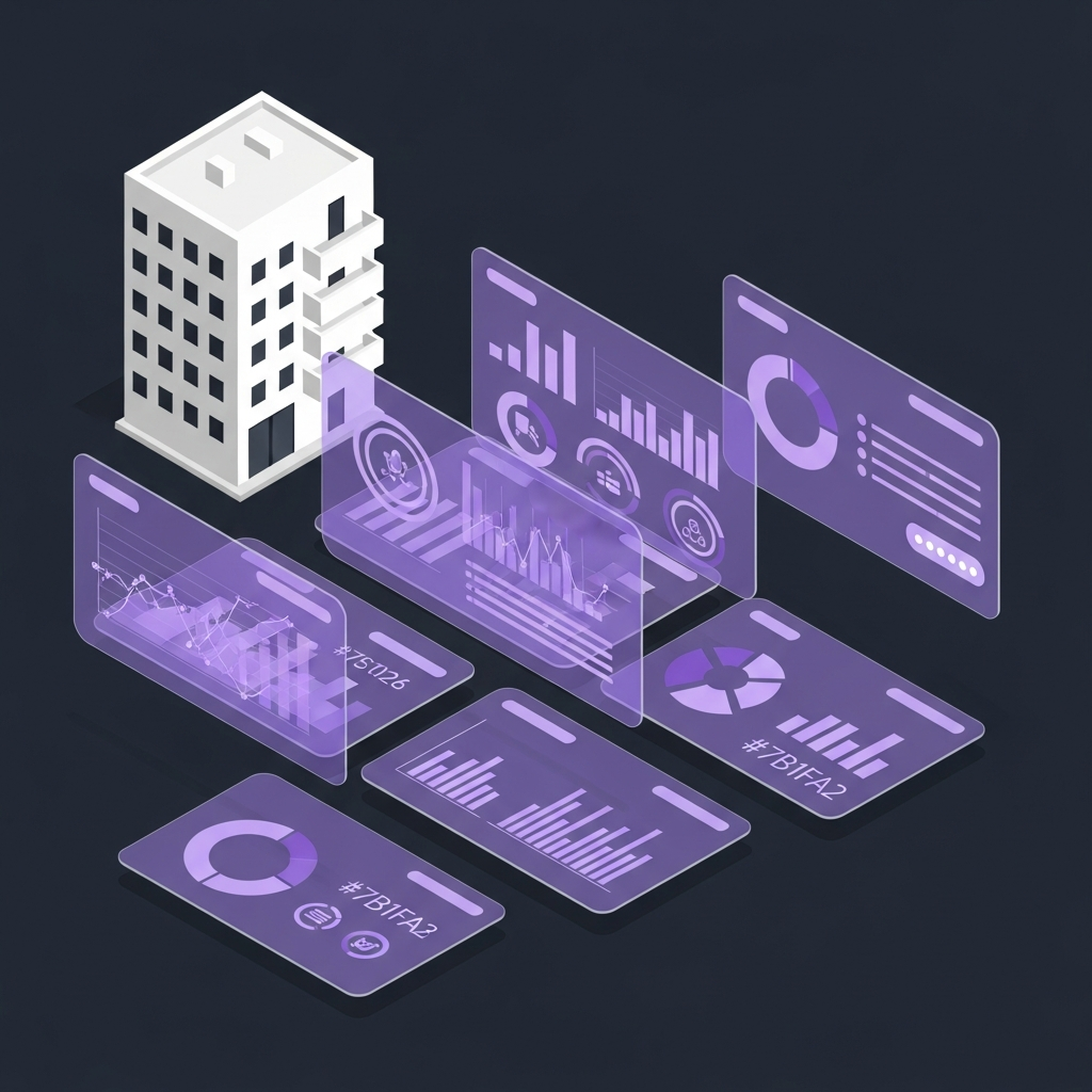 Illustration of a modern apartment building with floating analytics dashboards