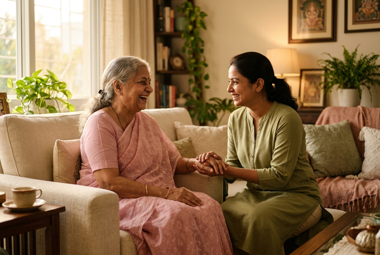 A caring younger Indian woman supporting her ageing mother at home