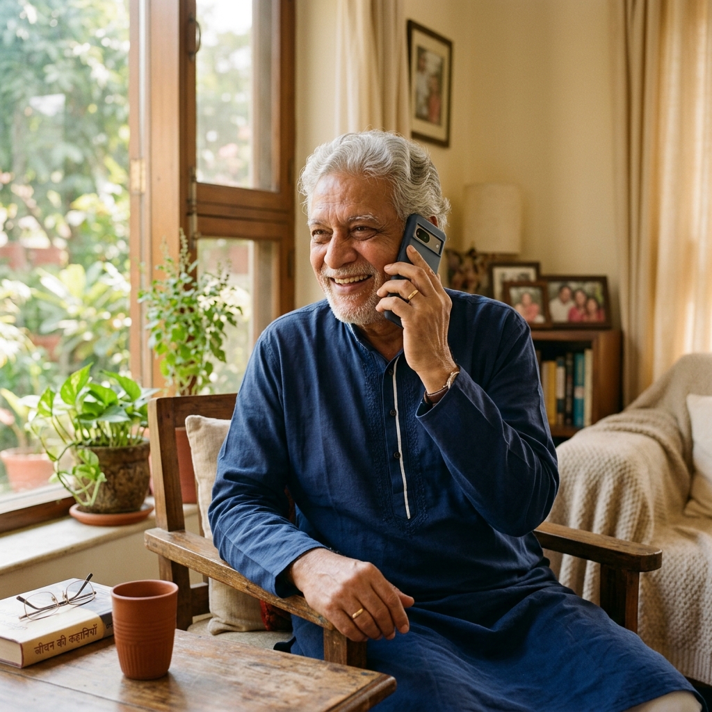 A content elderly Indian father talking on the phone at home