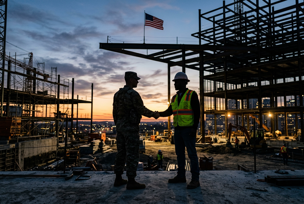 Service member and contractor shaking hands at a construction site