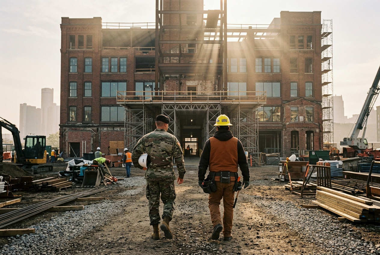 Veteran and contractor walking through a FOSCHE construction site