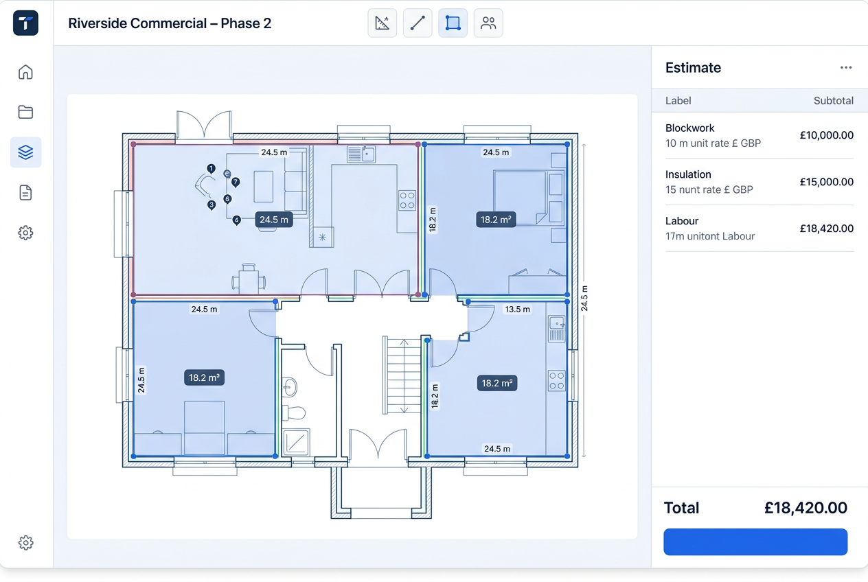 Trade Off application interface showing a blueprint takeoff canvas with measurements and an estimate breakdown