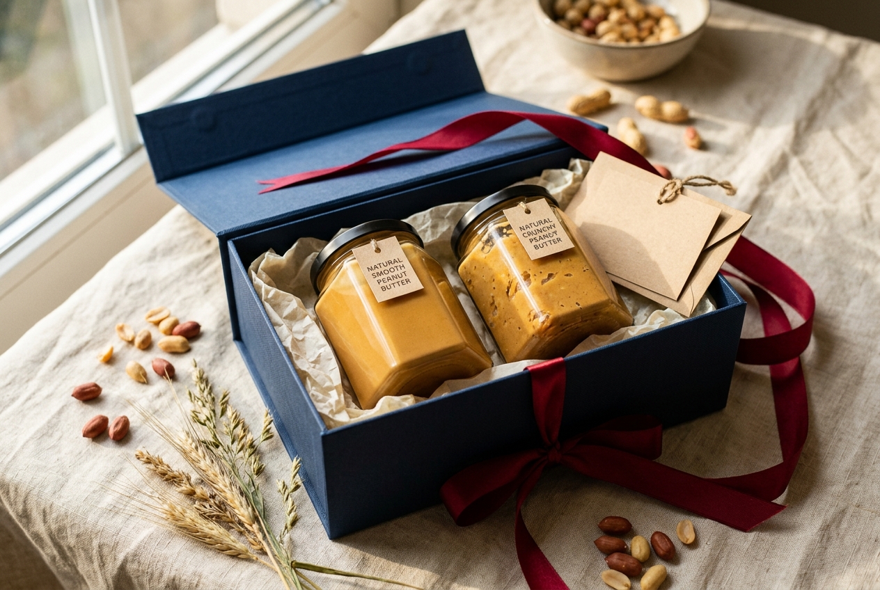 Sacha gift box with two jars of natural peanut butter
