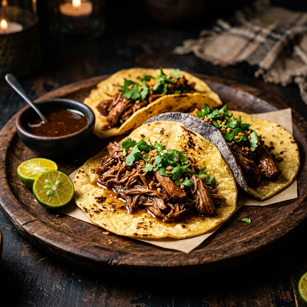Adobo tacos, calamansi squeeze