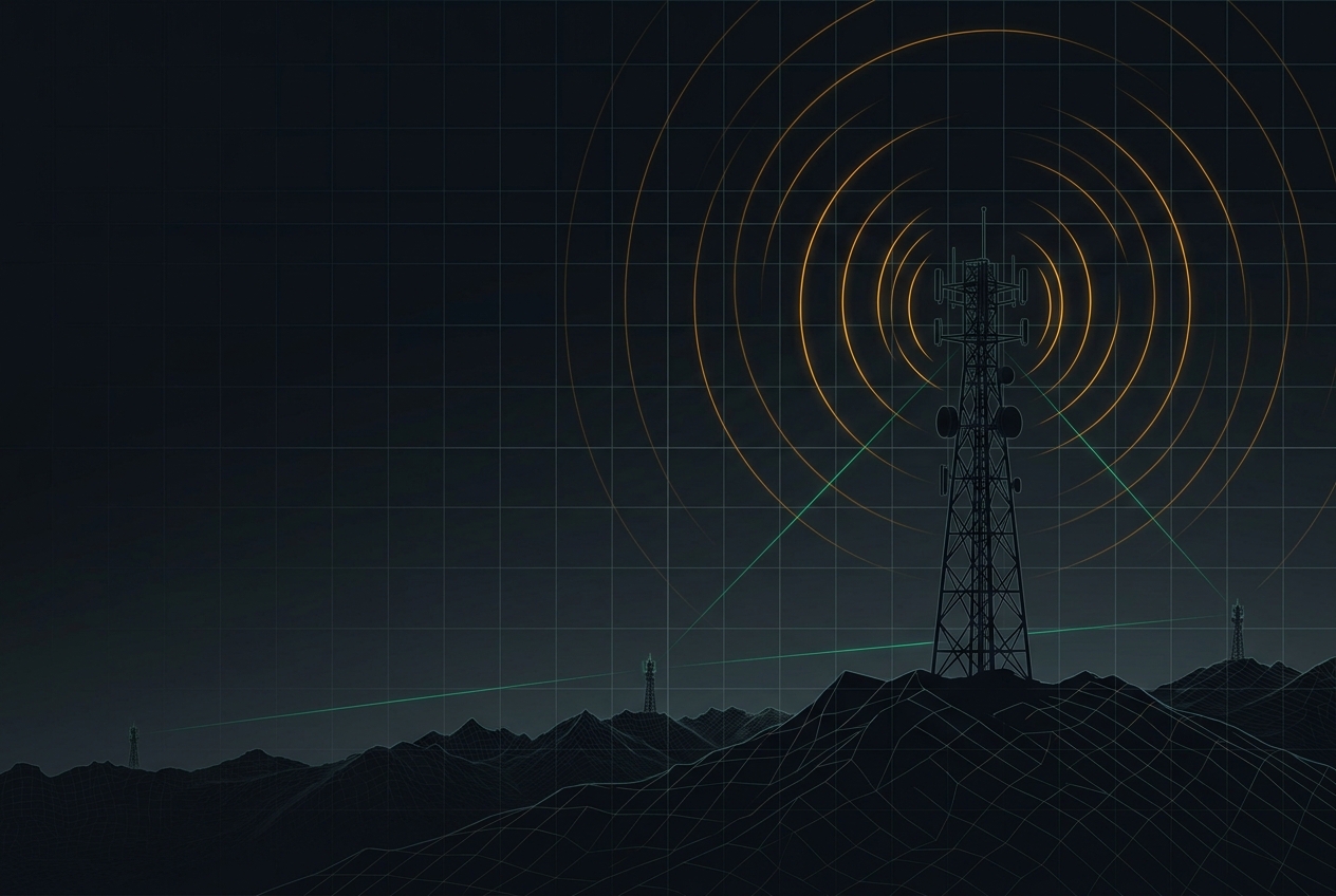 Ham radio repeater tower emitting signal arcs at night