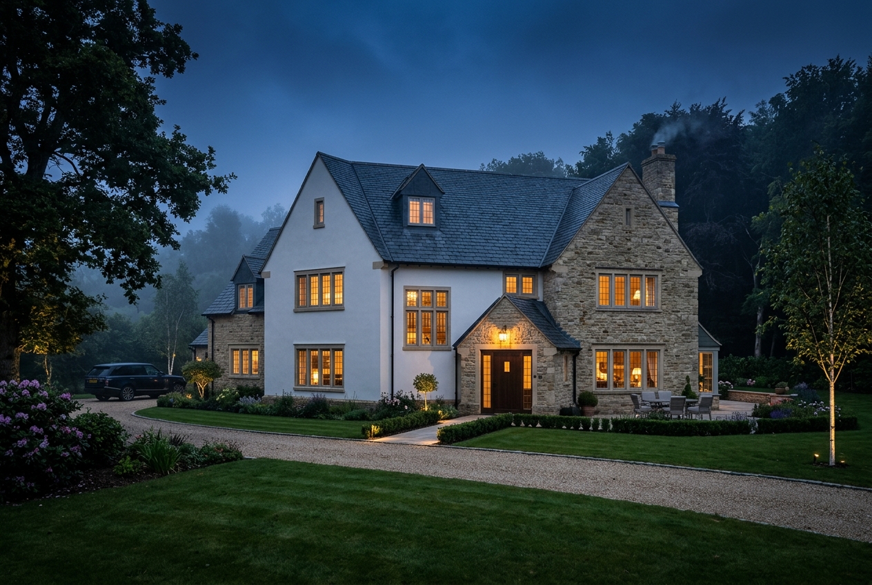 Premium UK home at dusk with warm lighting