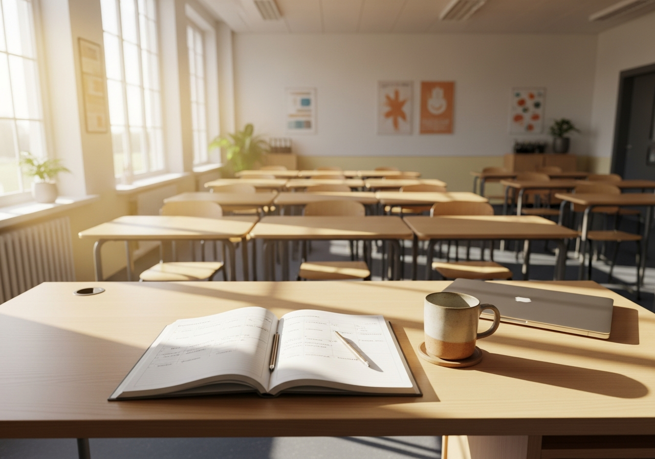 A calm, sunlit teacher's desk