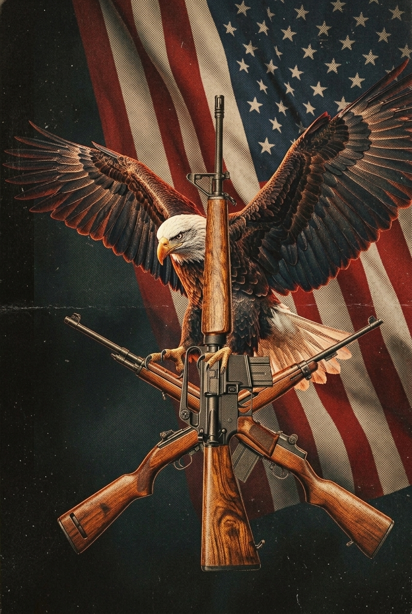 Retro American bald eagle with vintage wood-stock rifles over the American flag