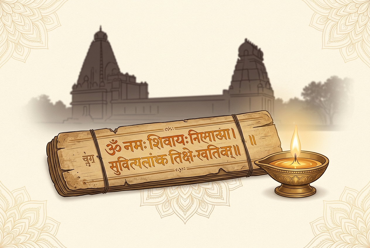 पाम-पत्ती पांडुलिपि, दीया और मंदिर — सनातन ज्ञान का प्रतीक