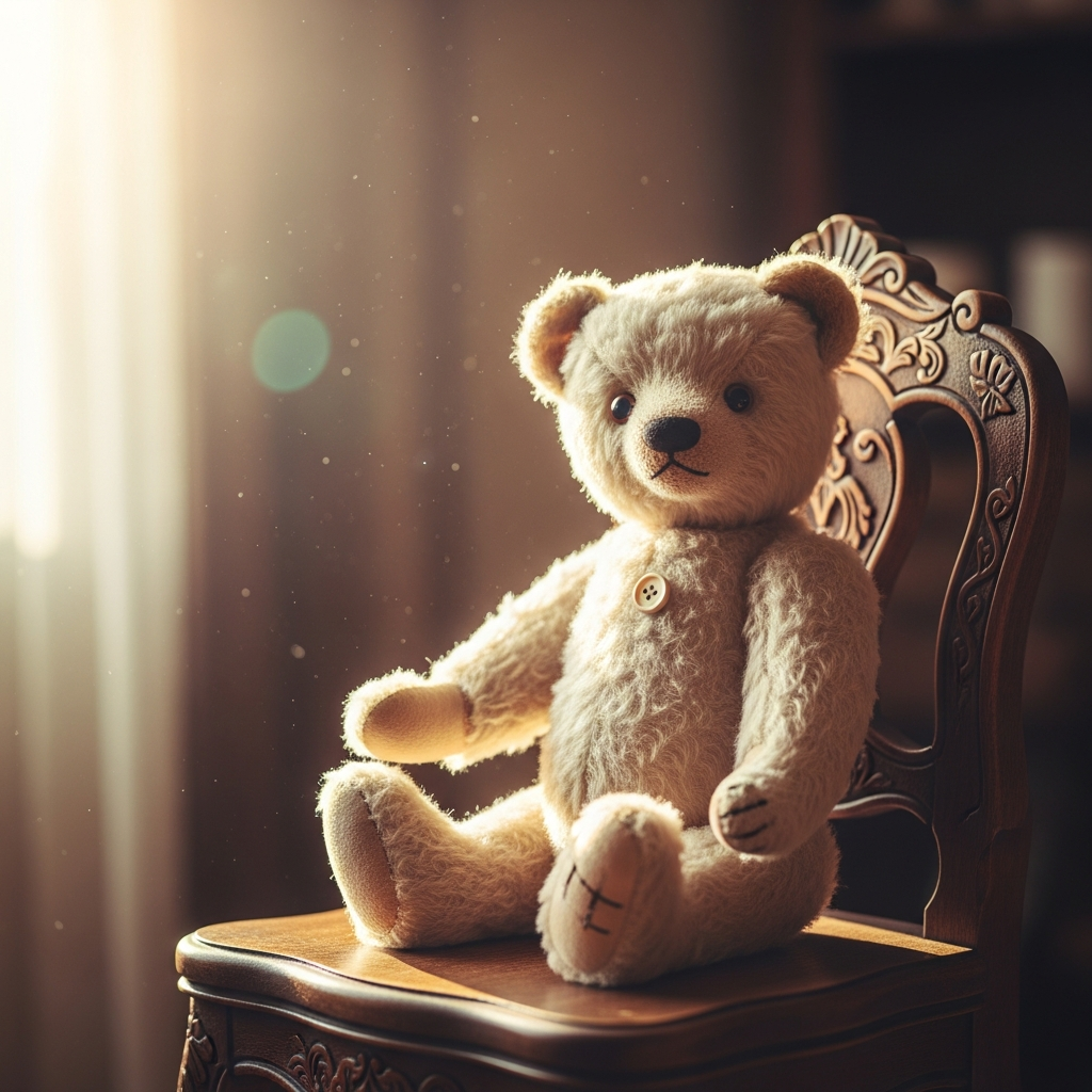 A gentle vintage teddy bear in soft warm light