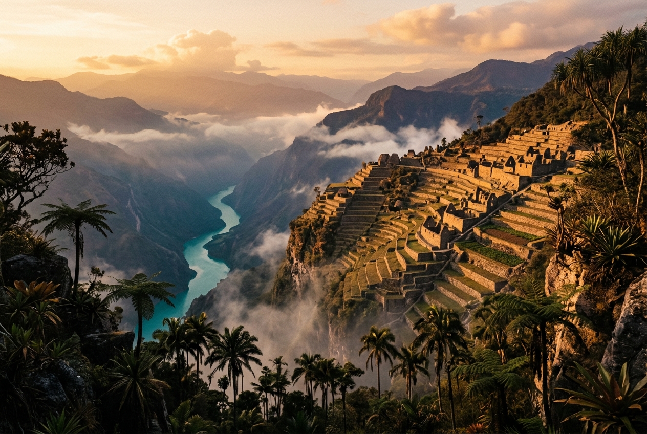 Terraced cliffs above a turquoise gorge at golden hour