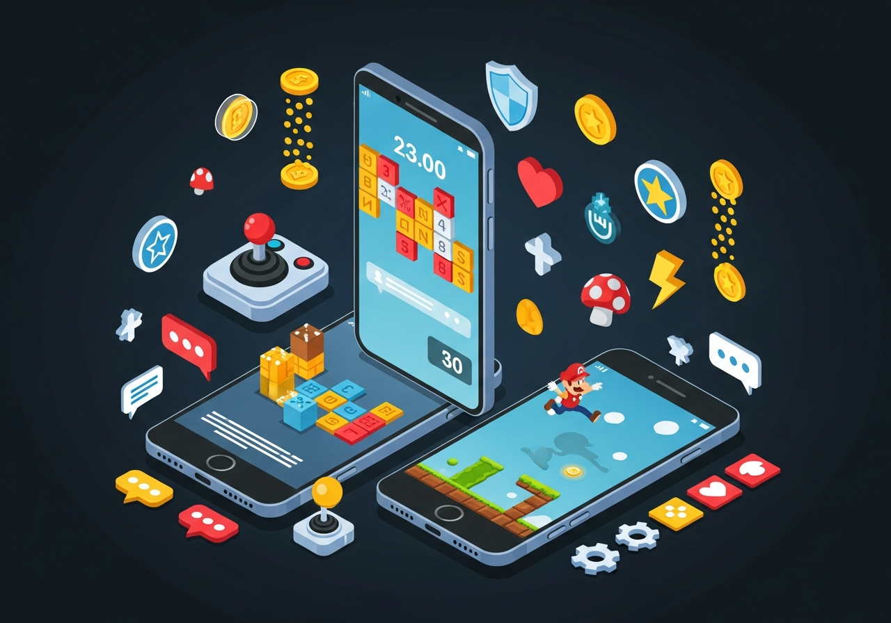 Mobile game development concept with smartphones and gaming icons