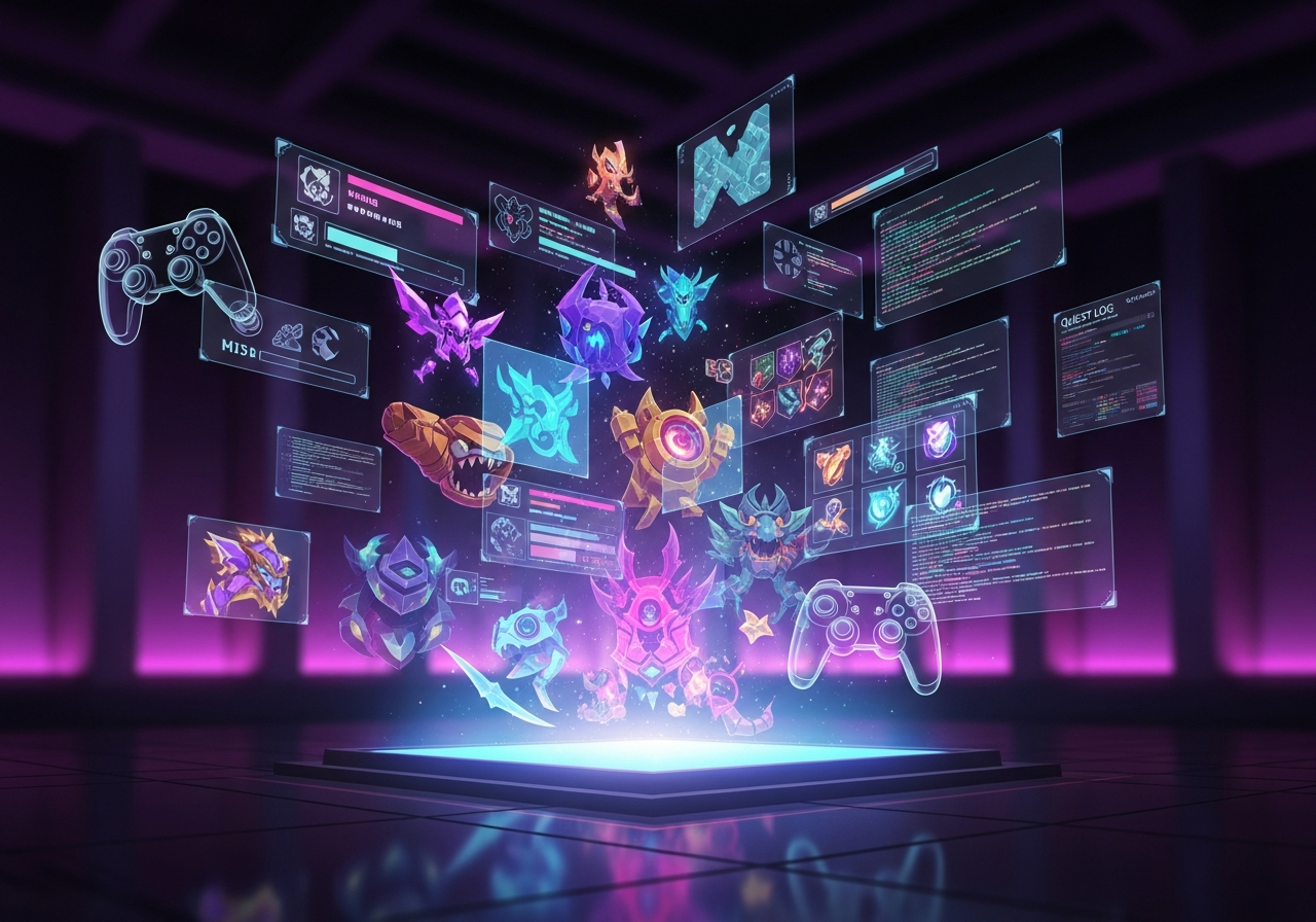 Game development concept with holographic UI elements and gaming controllers