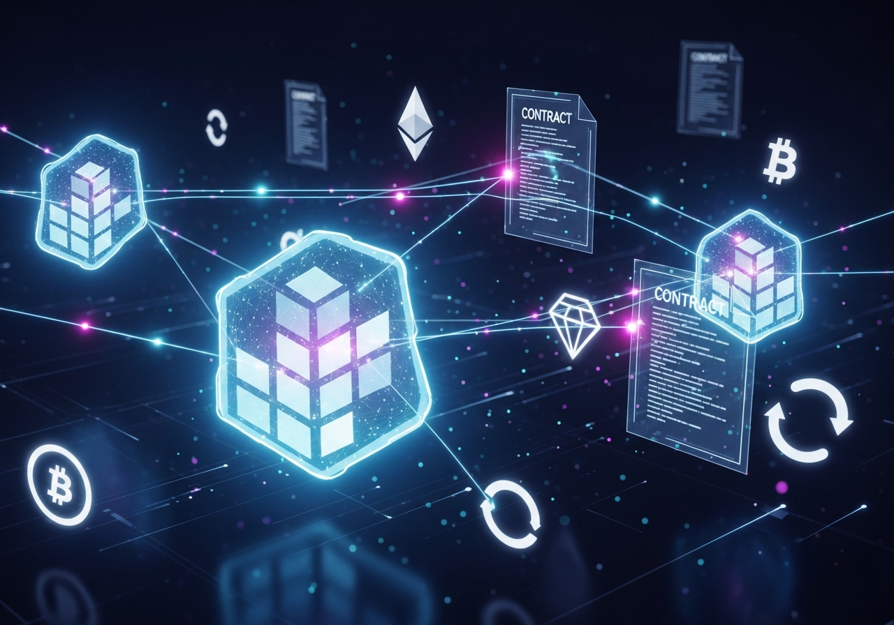 Smart contract and blockchain concept with glowing nodes and digital contracts