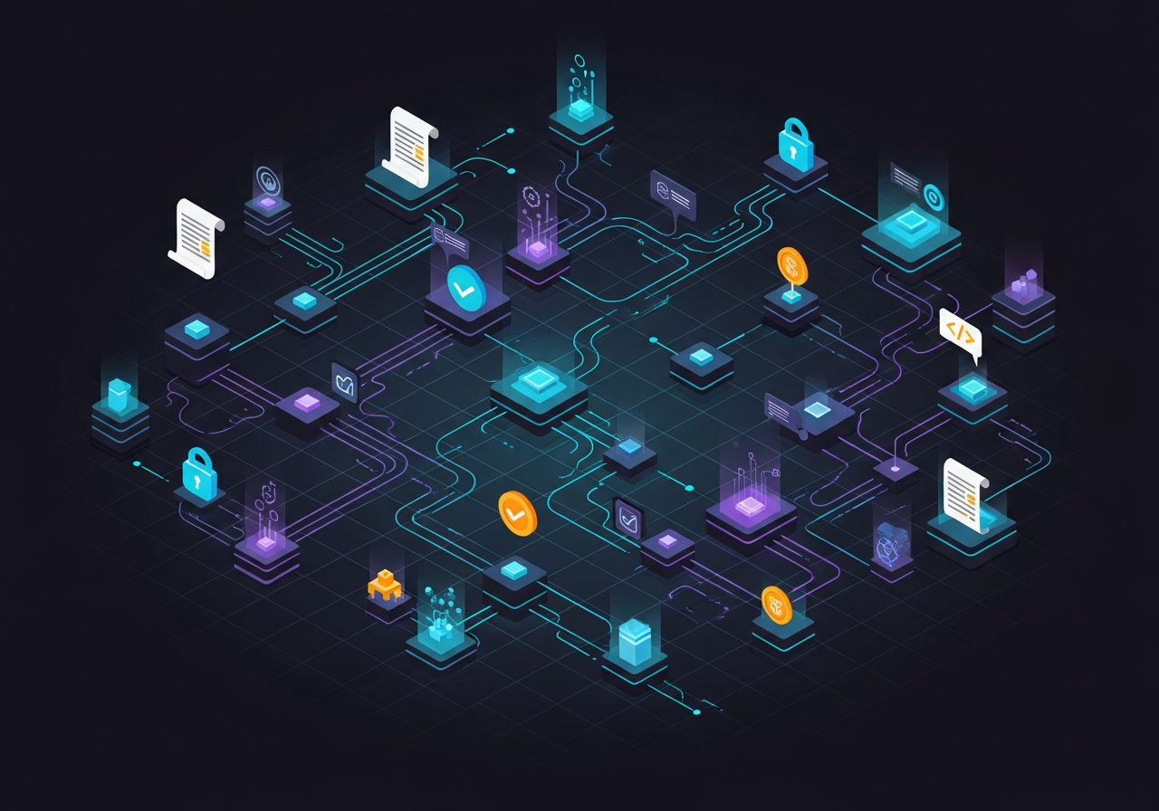 Blockchain network with interconnected nodes and smart contracts