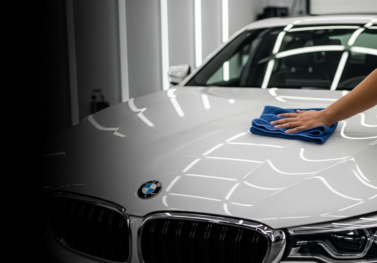 White BMW being dried with a microfiber towel after detailing