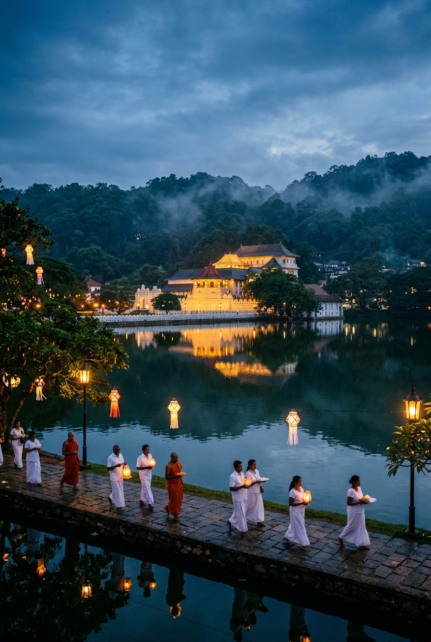 Kandy Lake and the Temple of the Tooth at dusk