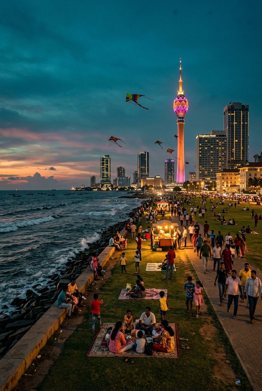 Kites over Galle Face Green at dusk with the Colombo skyline behind