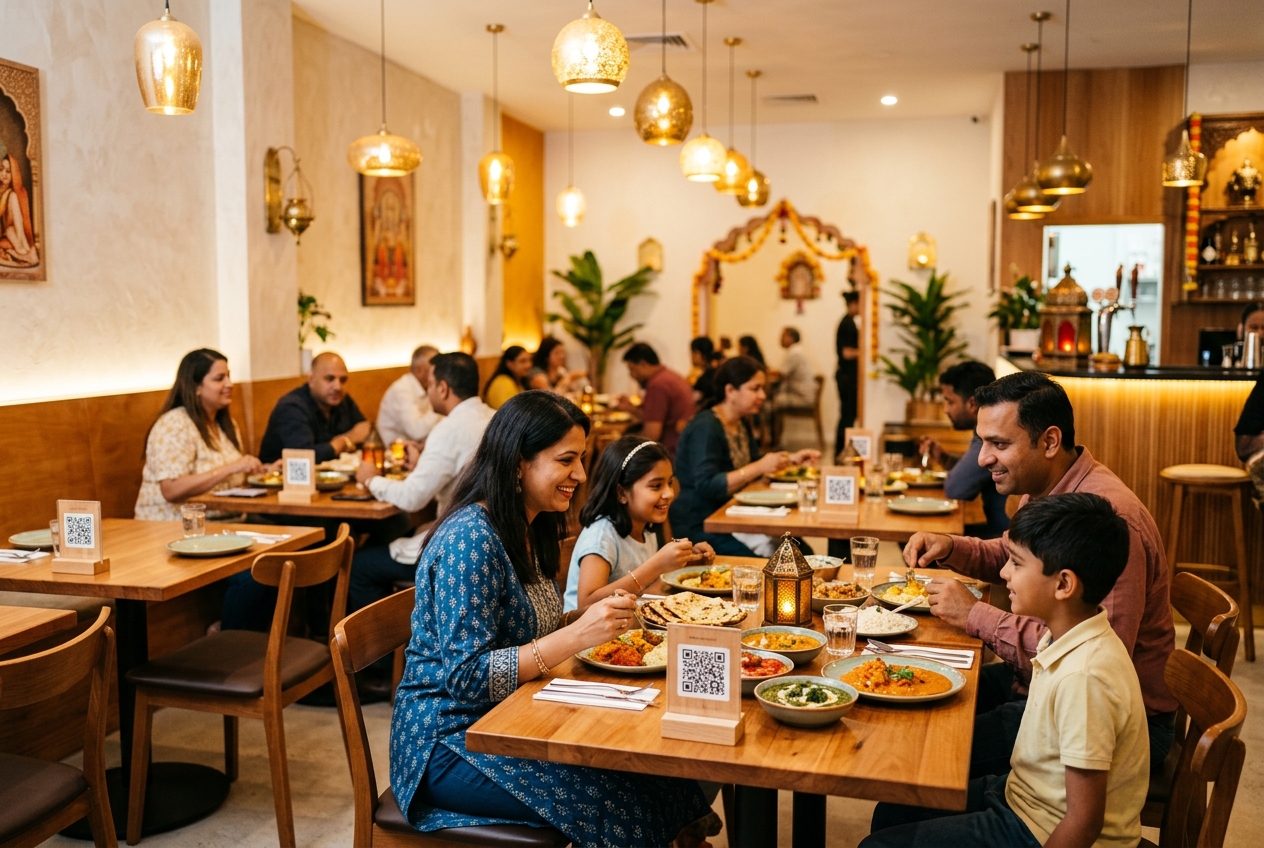 Diners ordering with QR at a restaurant table