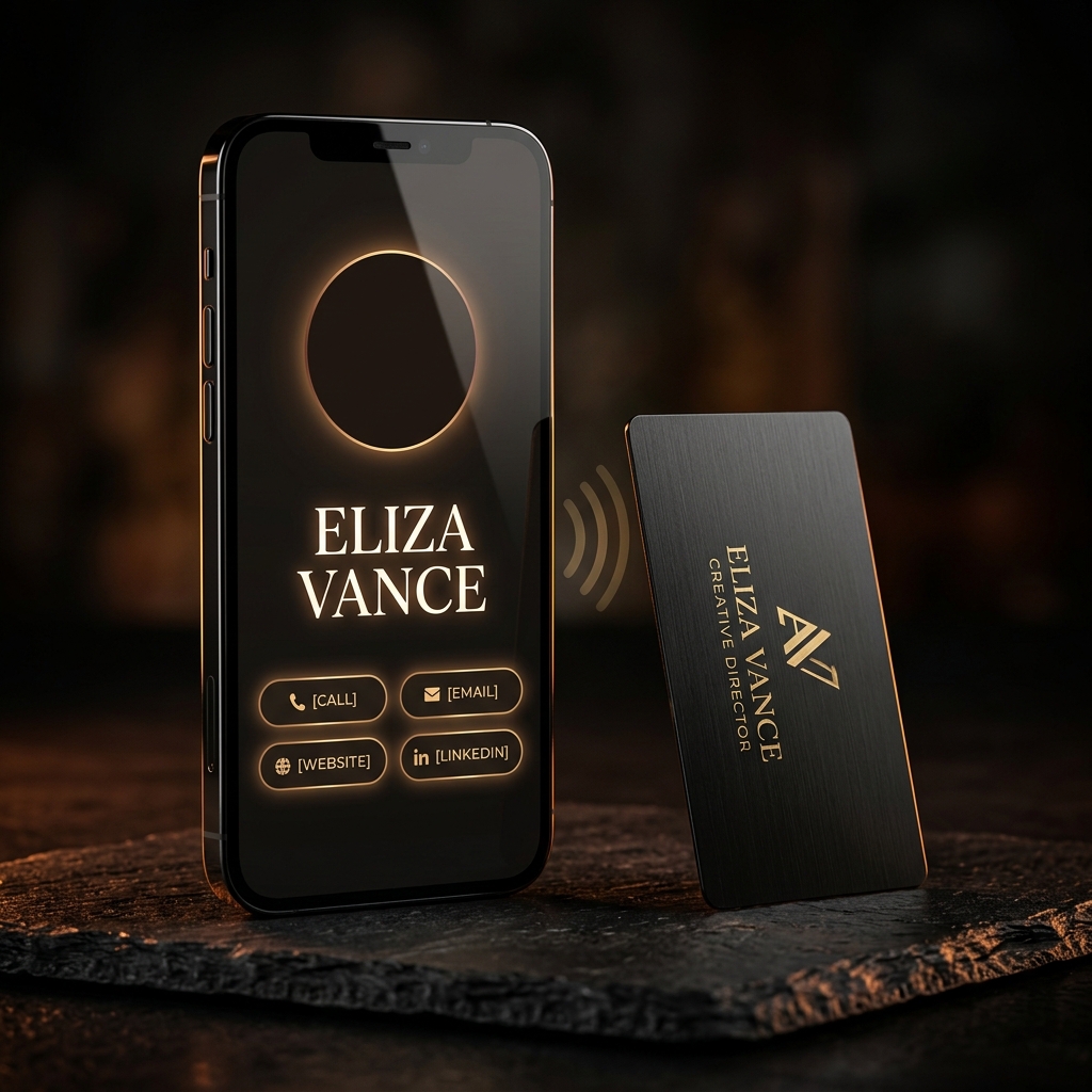 Phone showing a custom NFC tap landing page next to an engraved metal card