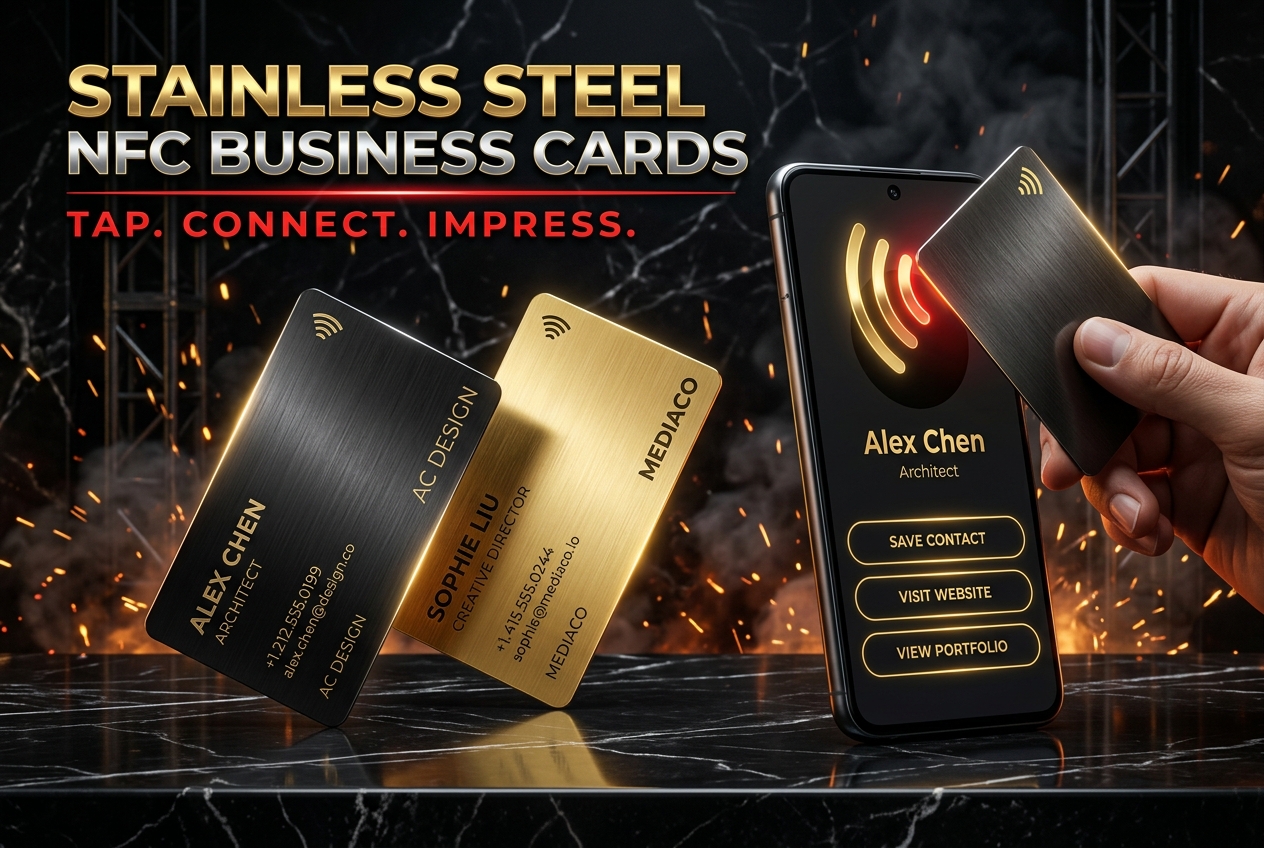 Black and brushed gold laser-engraved stainless steel NFC business cards tapped against a phone