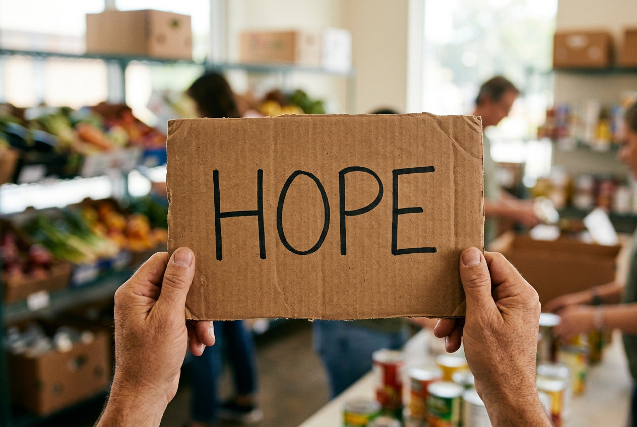 Volunteer holding a sign that reads Hope