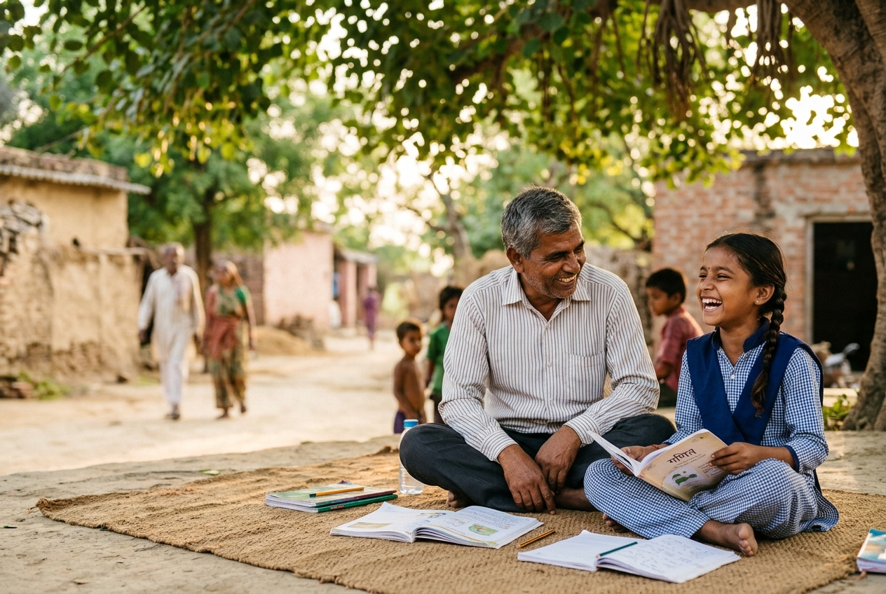 A smiling child learning with a volunteer teacher in a village community space