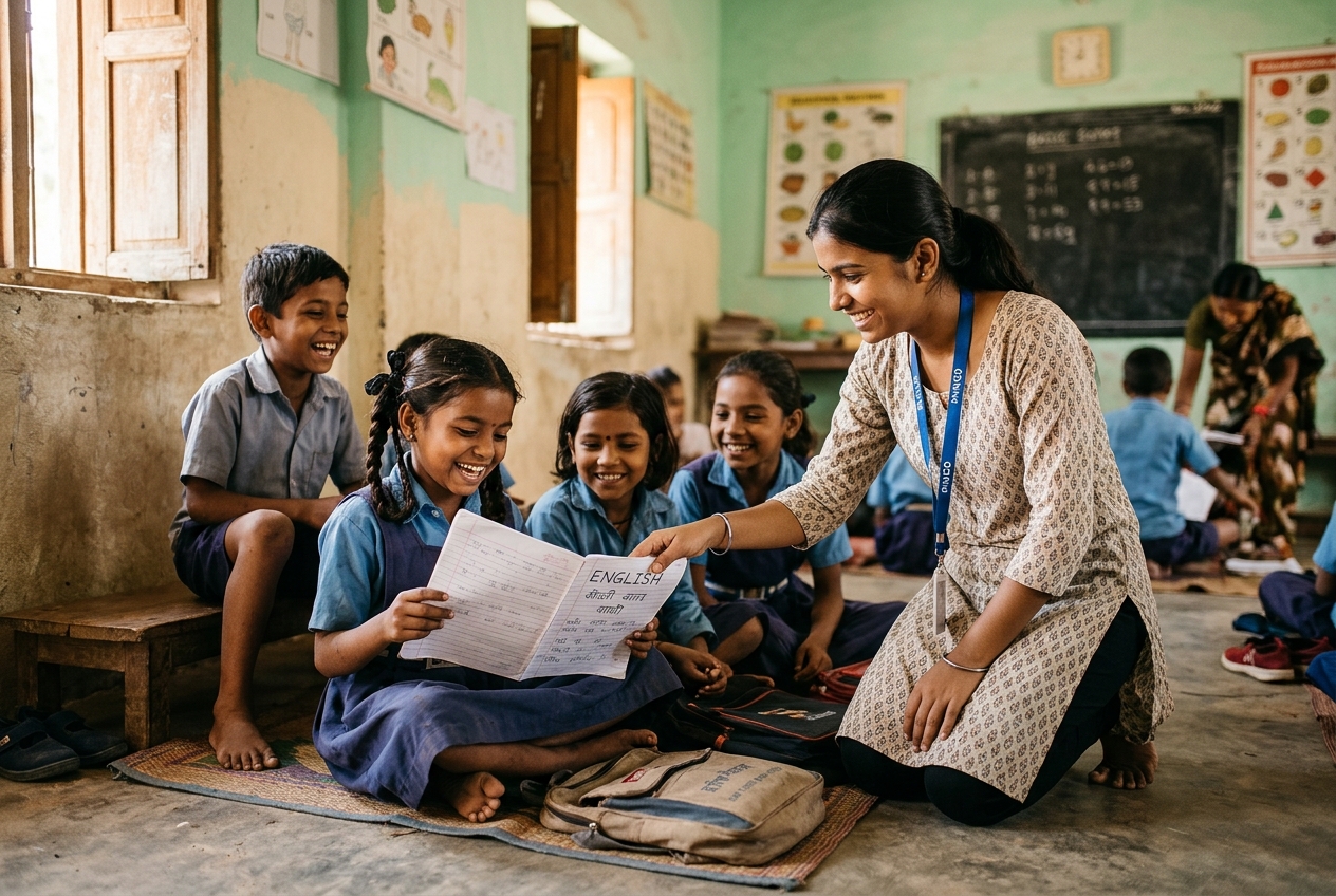 A volunteer helping children read in a sunlit classroom