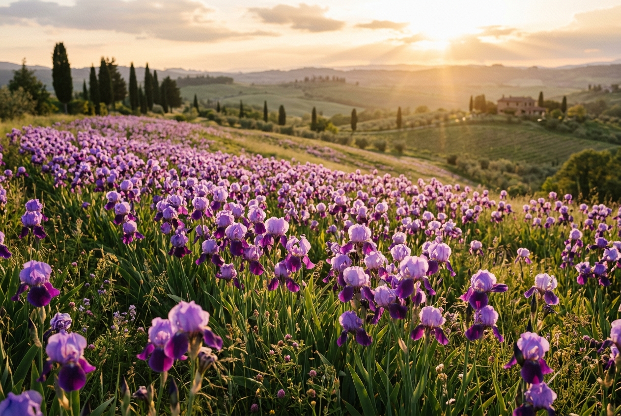 A field of purple Tuscan iris in golden evening light