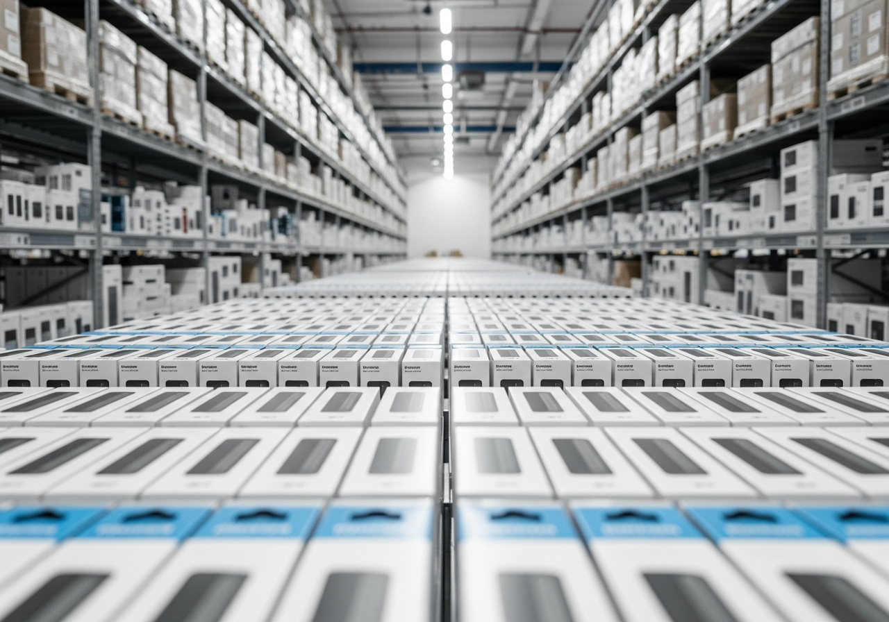 Inventory warehouse with shelves of electronics