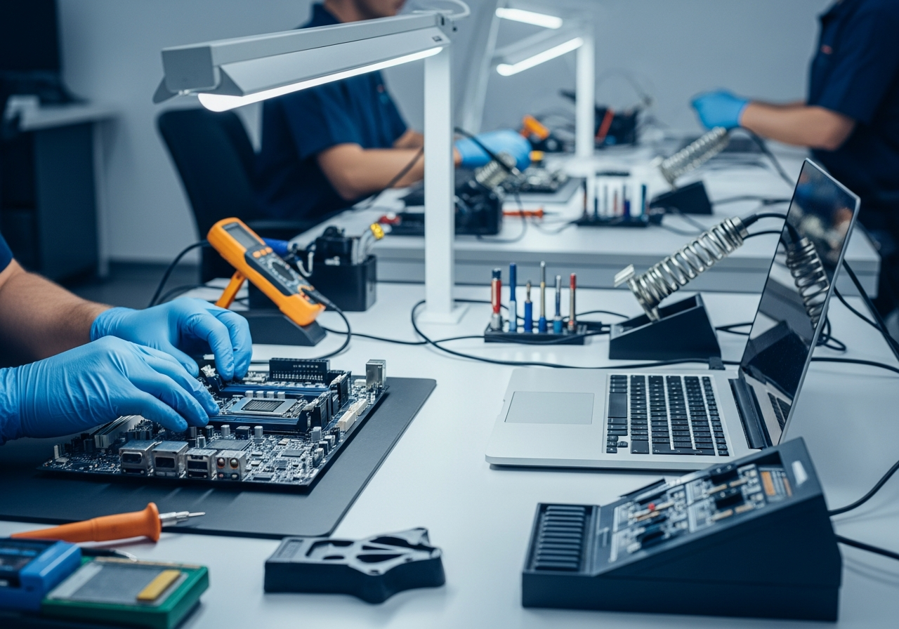 Technician inspecting electronic hardware in a refurbishment workshop