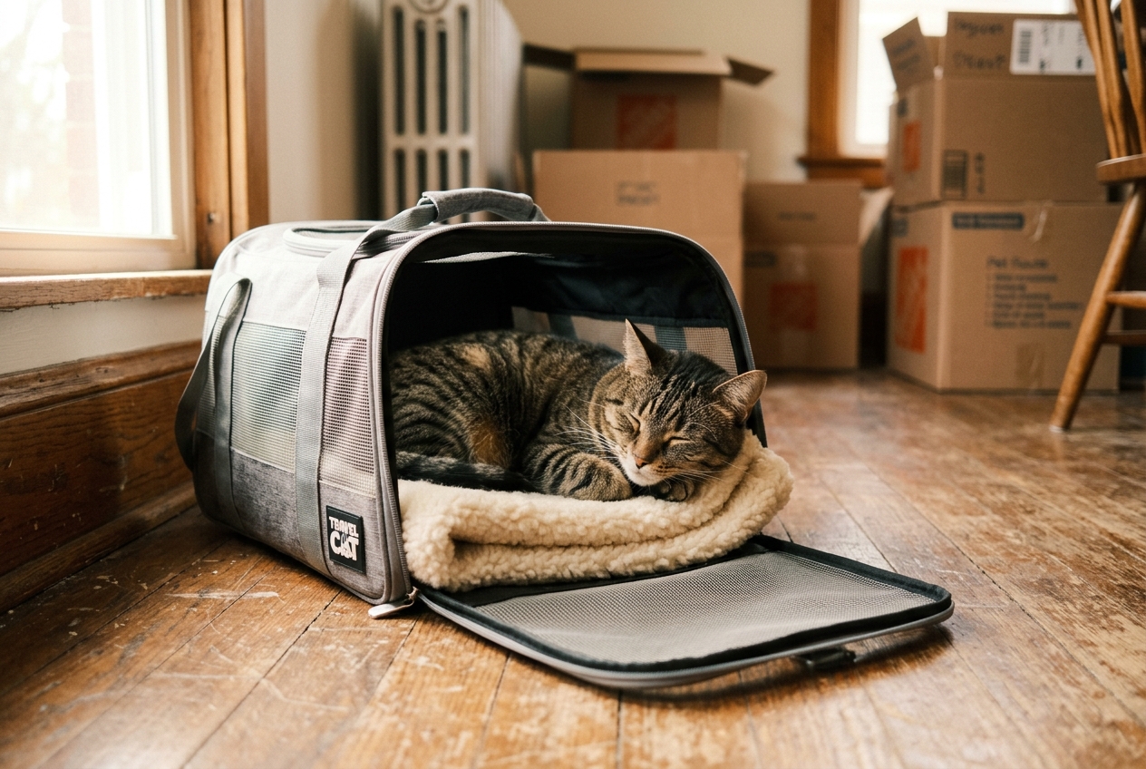 Cats travel best in a well-ventilated carrier they've had time to get comfortable with at home before the trip.