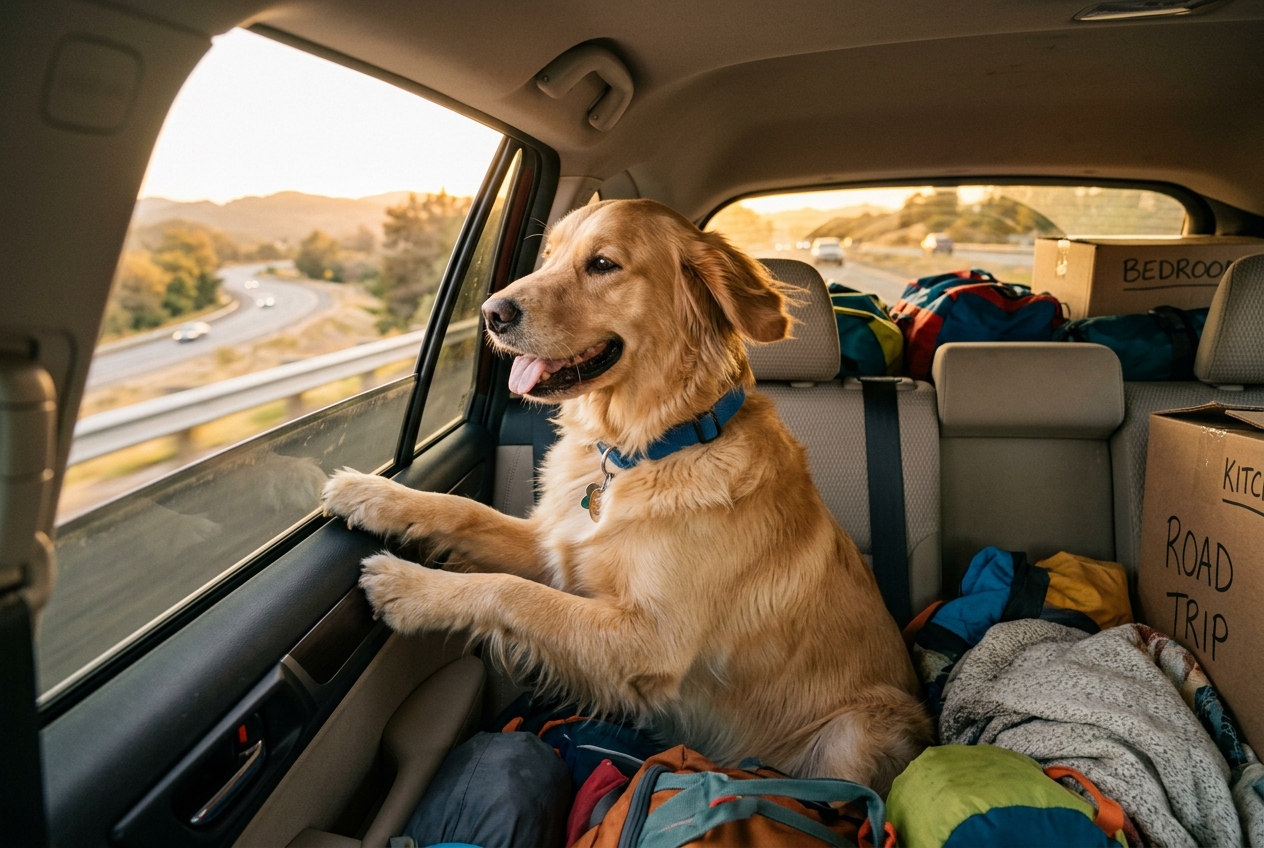 Road-tripping with your dog: plan frequent stops, pack familiar bedding, and give them a secure, comfortable spot in the car.