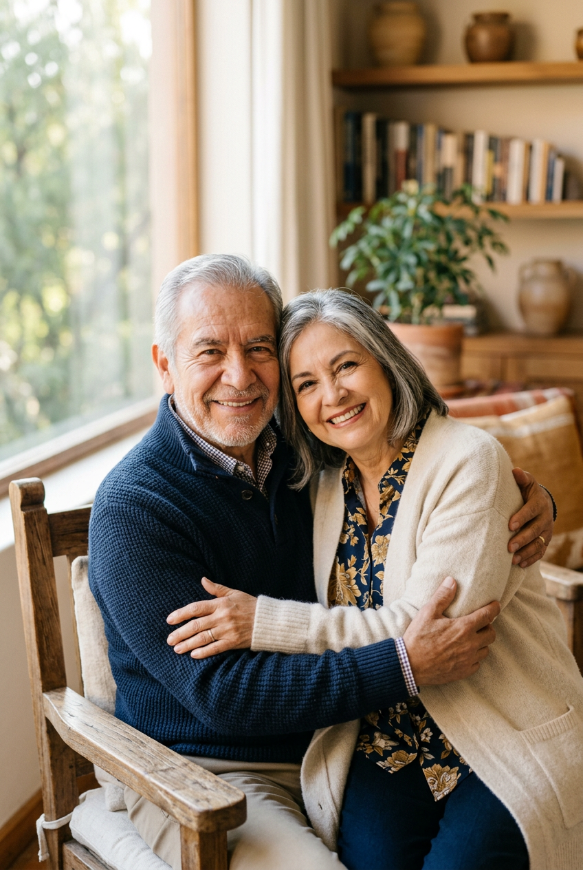 Pareja de adultos mayores sonriendo, tranquilos por su pensión