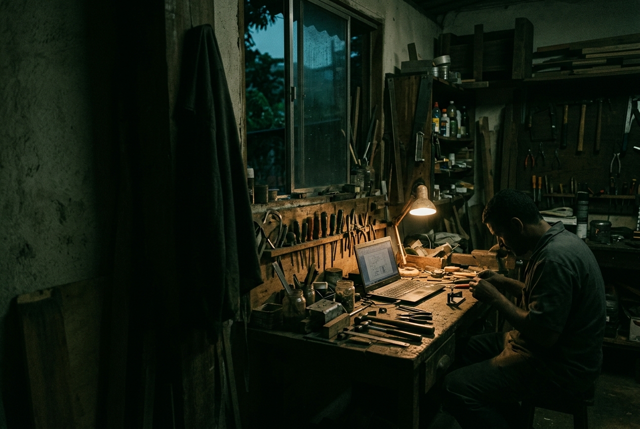 Bancada de uma pequena oficina com materiais reaproveitados e um notebook, à meia-luz
