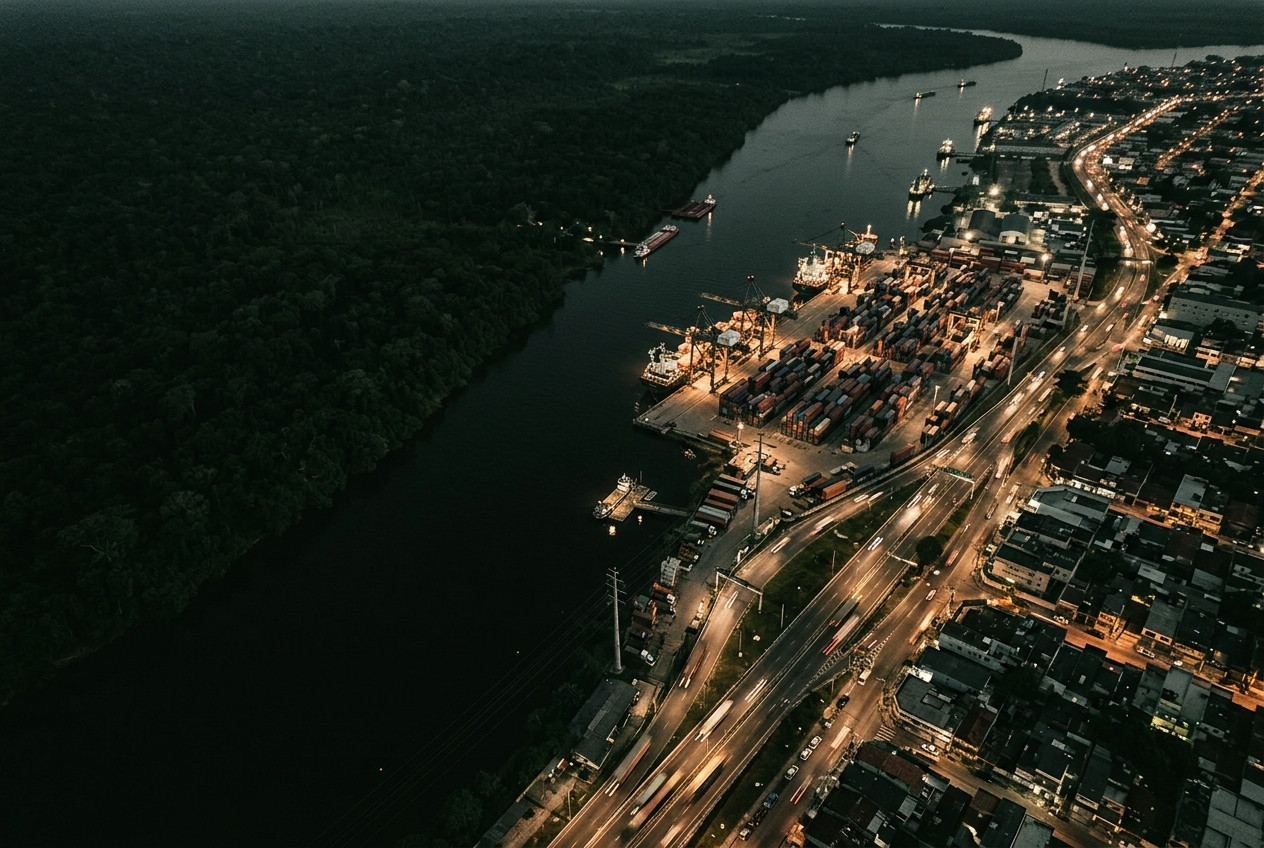 Vista aérea noturna de cidade ribeirinha entre floresta, porto e vias iluminadas