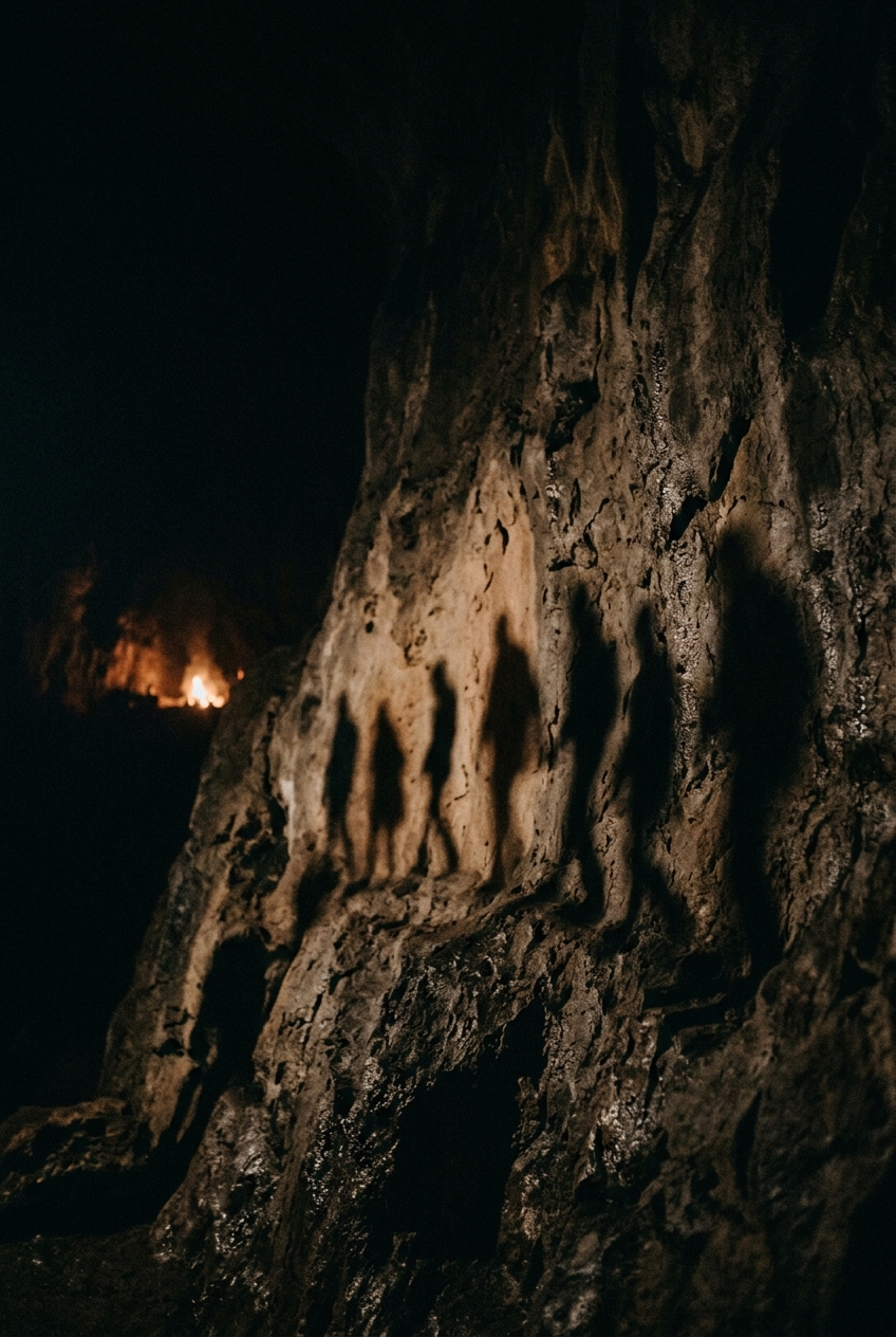 Sombras humanas projetadas por fogo na parede de uma caverna
