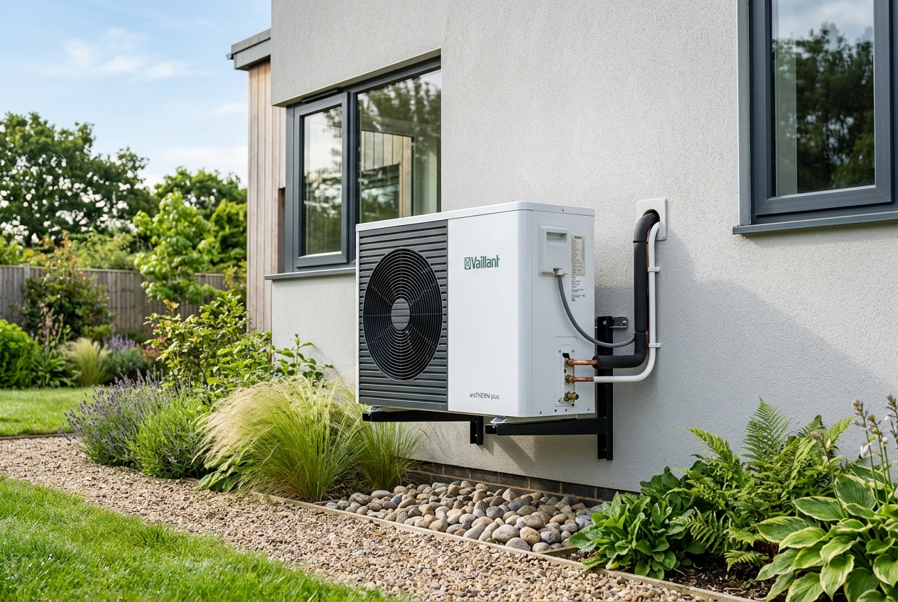 Unité extérieure de climatisation réversible installée sur une maison entourée de verdure