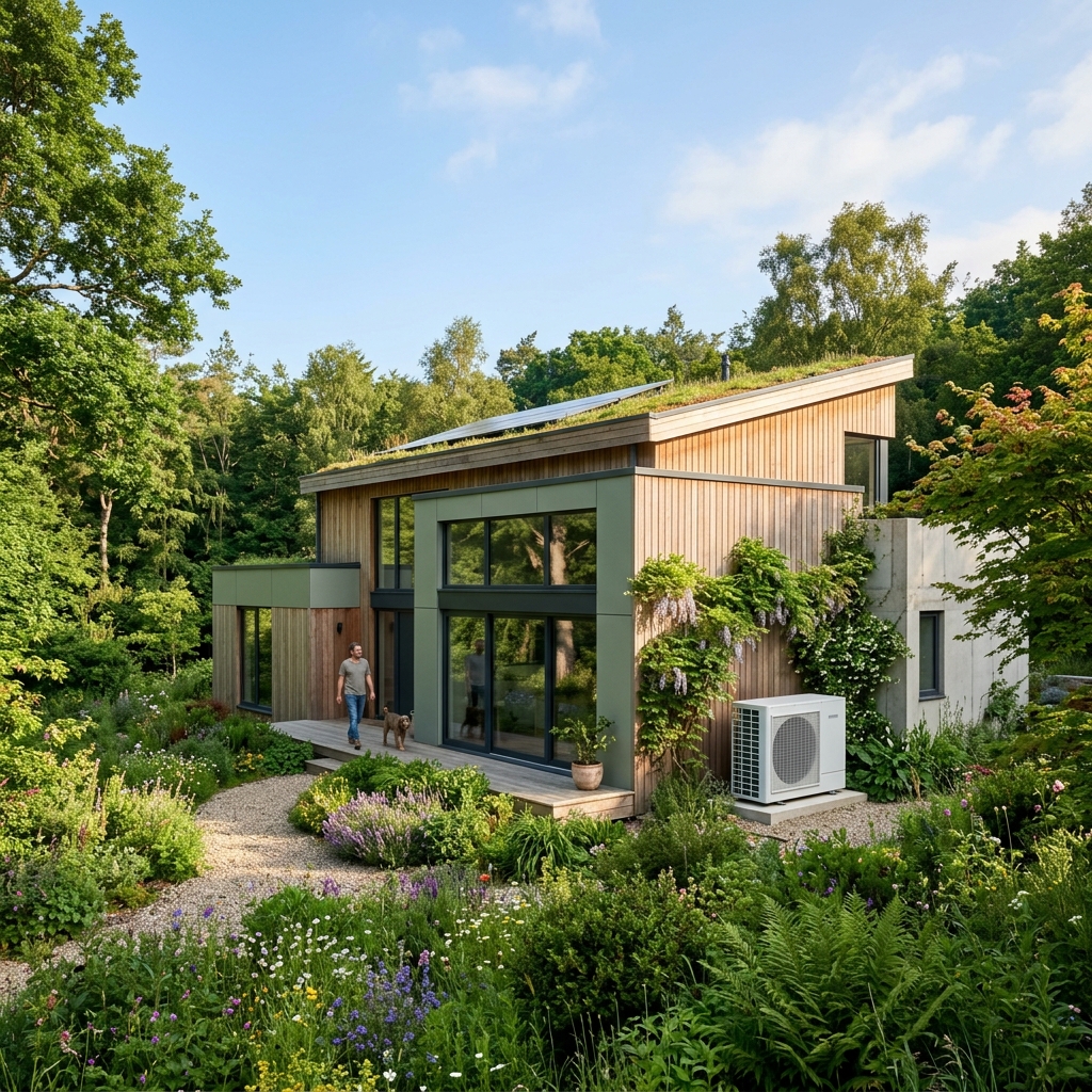 Maison écologique entourée de nature équipée d'une climatisation réversible moderne